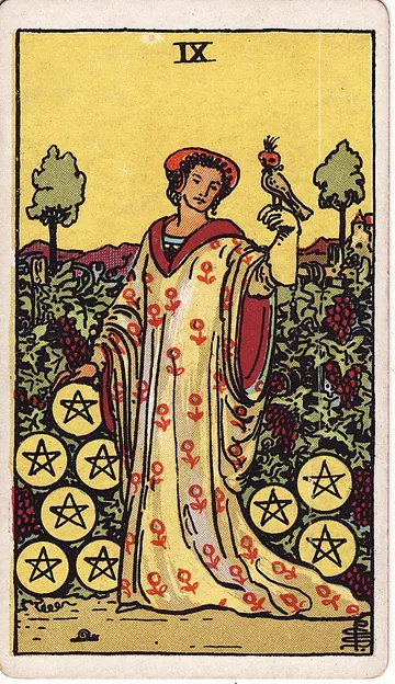 Neun der Münzen · Illustration einer Tarotkarte