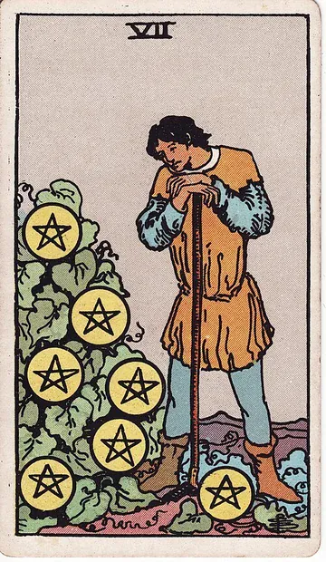 Seven of Pentacles · Illustration einer Tarotkarte