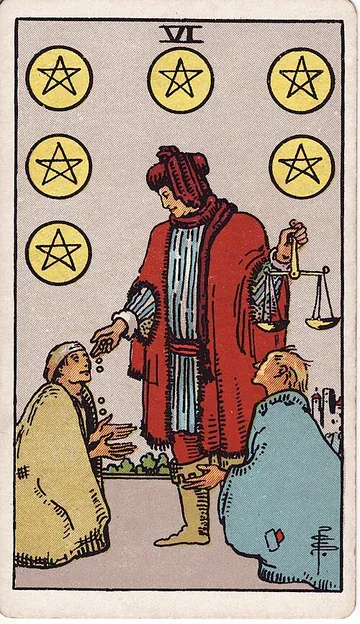 Six of Pentacles · Illustration einer Tarotkarte