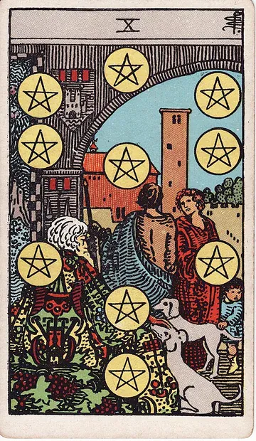Zehn der Münzen · Illustration einer Tarotkarte