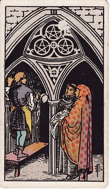 Drei der Münzen · Illustration einer Tarotkarte