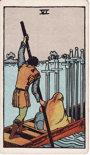 Six of Swords · Illustration einer Tarotkarte