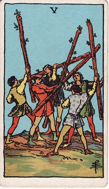 Five of Wands · Illustration einer Tarotkarte