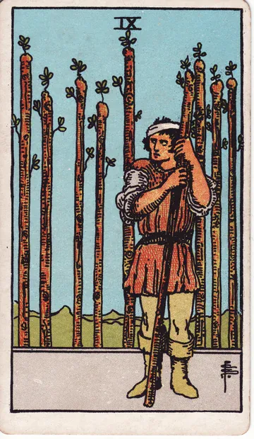 Nine of Wands · Illustration einer Tarotkarte