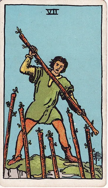 Seven of Wands · Illustration einer Tarotkarte