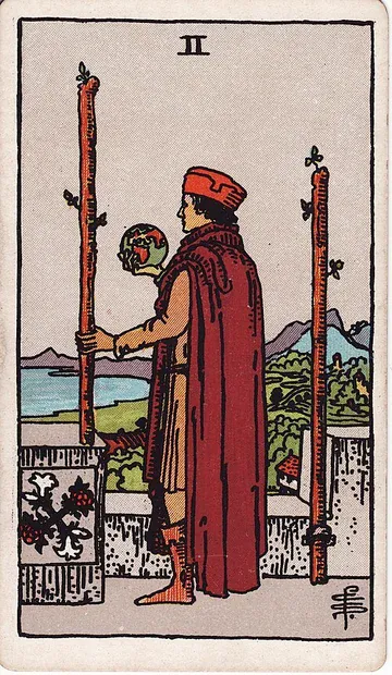 Two of Wands · Illustration einer Tarotkarte